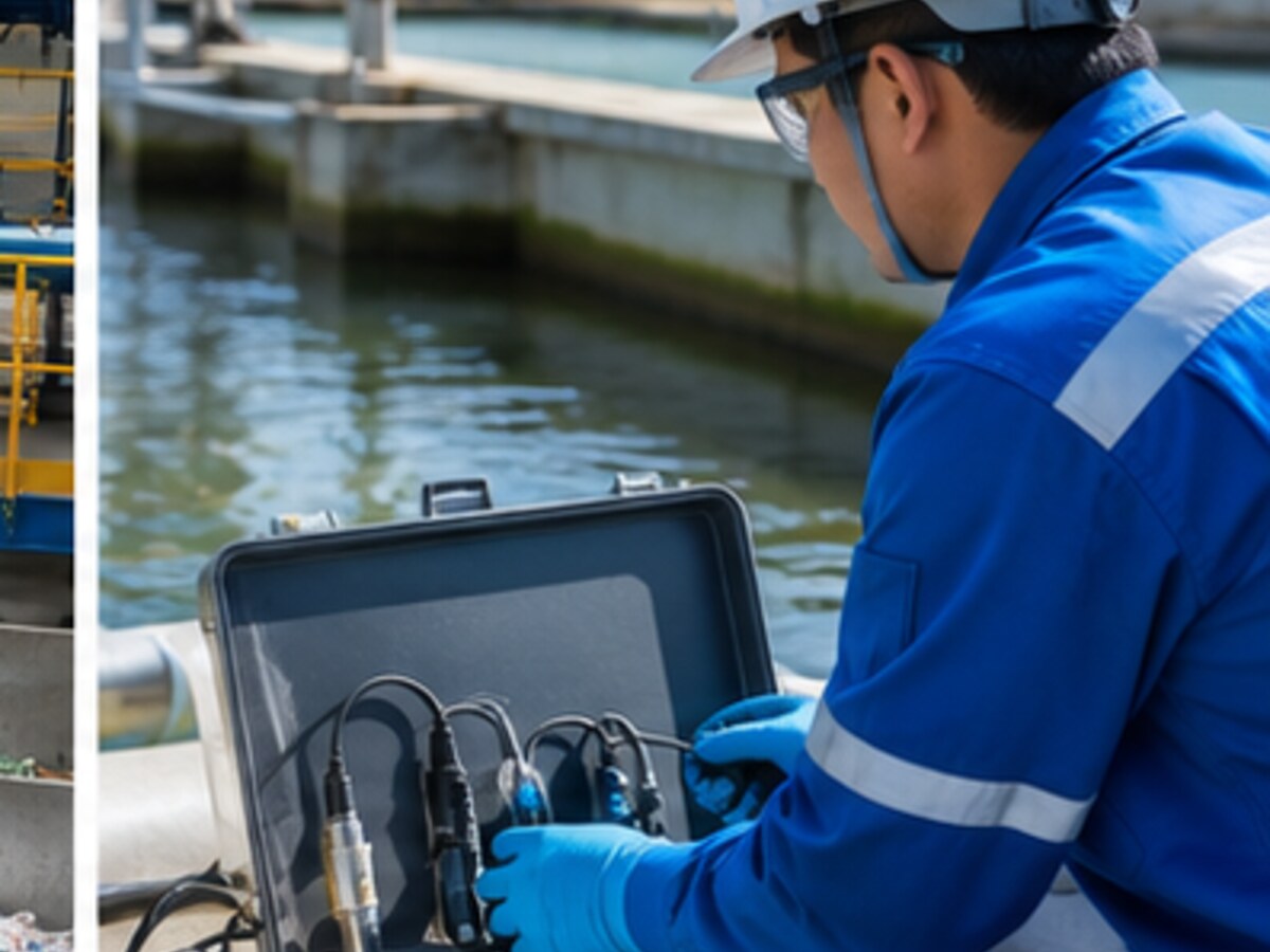 Environmental engineer testing water quality at treatment plant