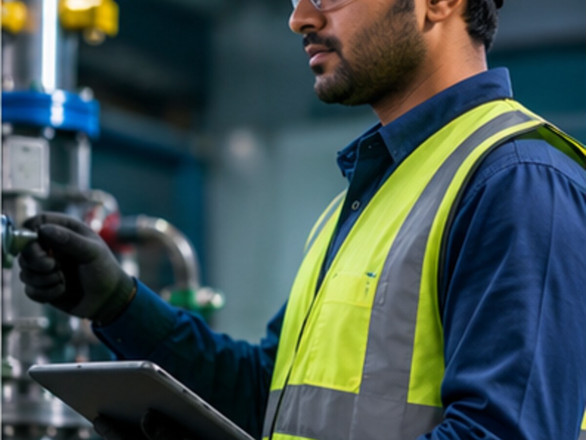 Industrial engineer wearing safety equipment during inspection